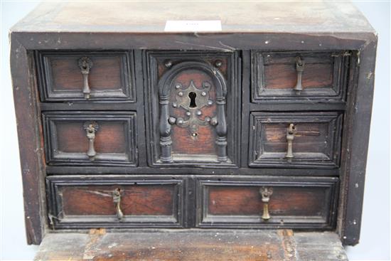 A 17th century walnut and ebony table top cabinet, width 10.25 depth 8.5in. height 7in.